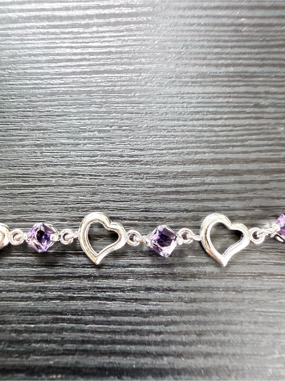 925 Silver Heart Link Bracelet with Purple Crystal Accents